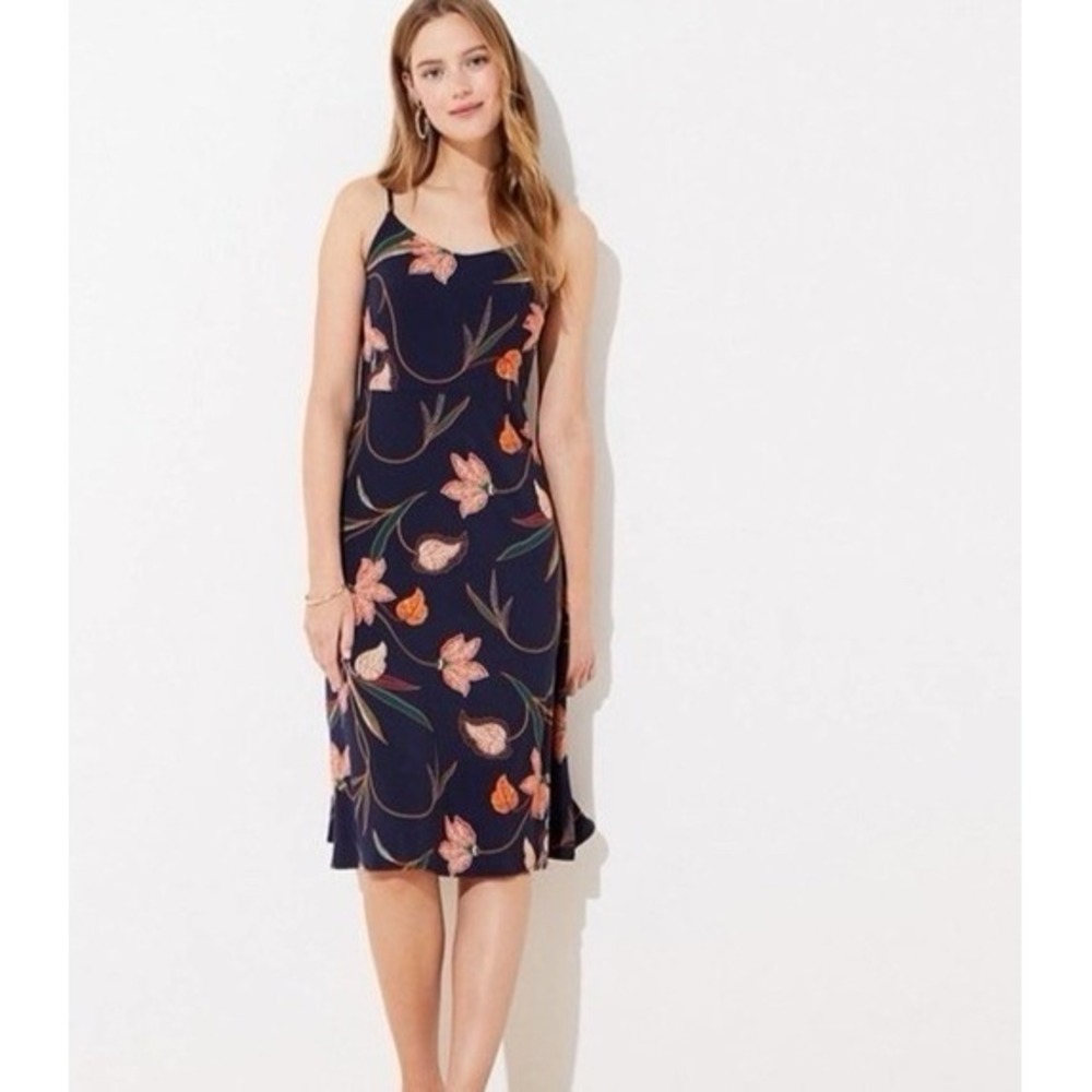 Loft Women's Navy Blue Knit Jersey Floral A Line Dress Size 8